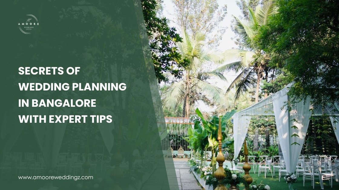 Outdoor wedding venue in Bangalore with elegant white drapes, tropical greenery, and expert wedding planning setup