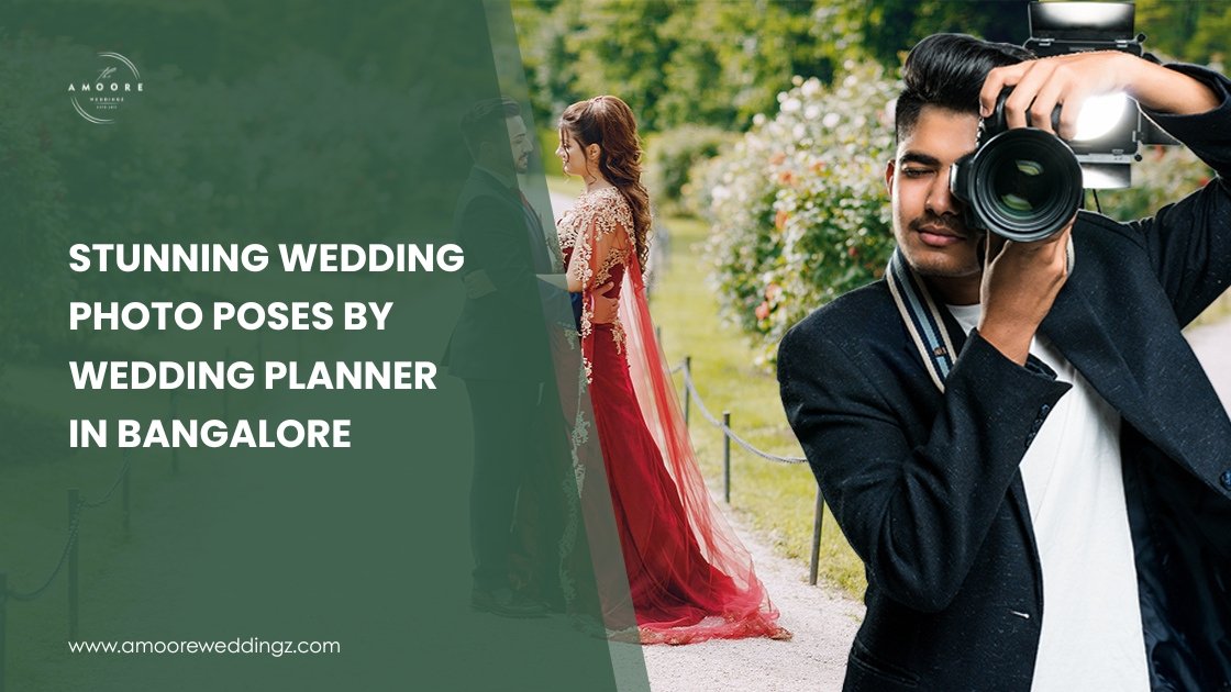 Professional wedding photographer capturing a couple's romantic pose in a garden, guided by a wedding planner in Bangalore