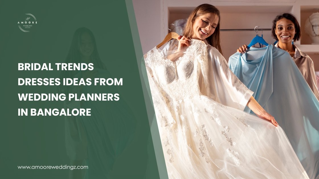 Smiling bride-to-be exploring trending bridal dress styles with wedding planners in Bangalore.