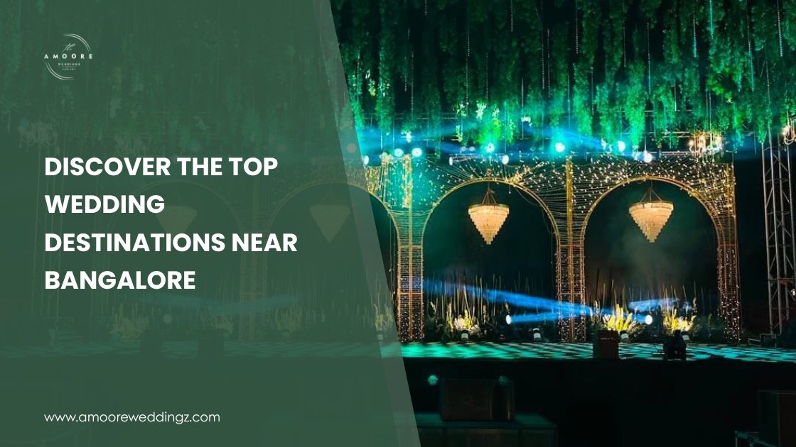 Luxurious wedding stage setup with chandeliers and ambient lighting at a top wedding destination near Bangalore.