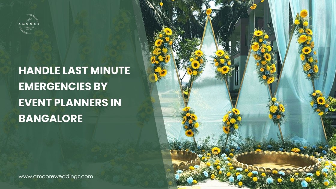 Floral-themed wedding stage with vibrant yellow and blue flower arrangements set up by event planners in Bangalore