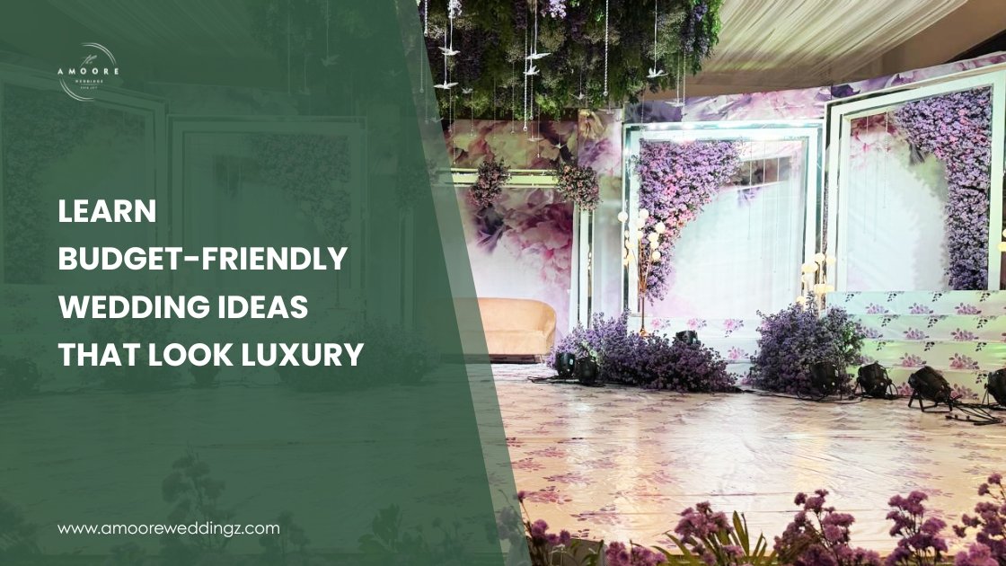 Luxury-looking wedding stage setup with purple floral decor and elegant lighting, showcasing budget-friendly wedding decoration ideas