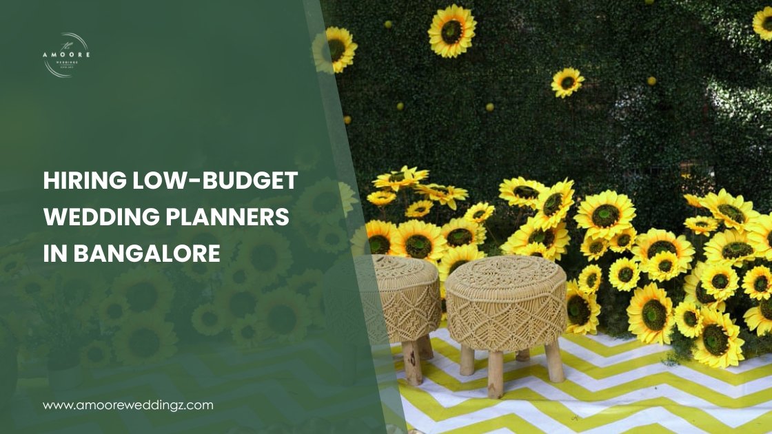 Colorful budget-friendly wedding decor with sunflower-themed backdrop and rustic stools, ideal for affordable weddings in Bangalore.