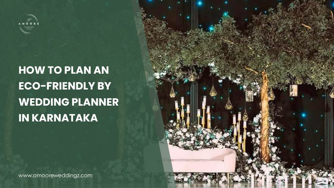 Eco-friendly wedding decor with artificial trees, hanging lights, and white floral arrangements, perfect for sustainable weddings in Karnataka