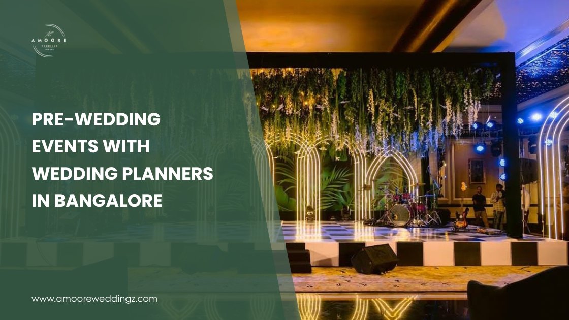 Luxurious indoor stage setup with hanging greenery, LED arches, and musical instruments—ideal for pre-wedding events in Bangalore
